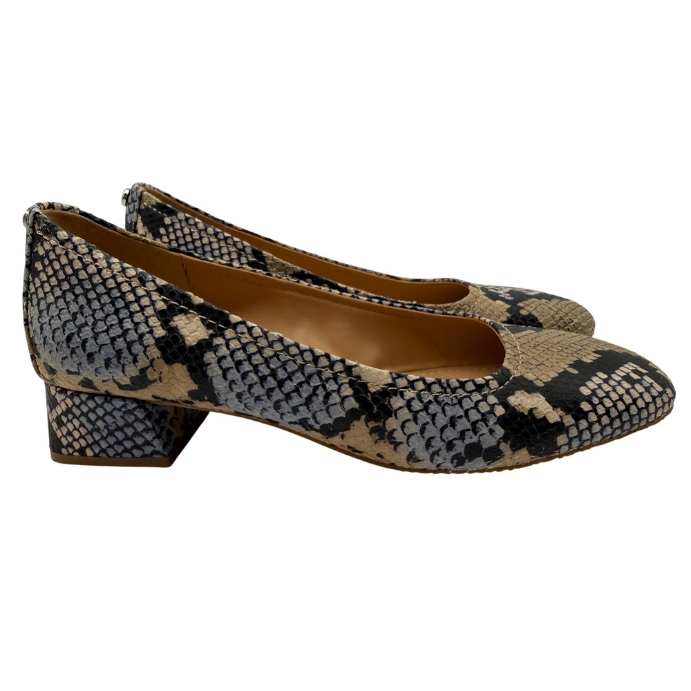 Donald Pliner RYA49 Pumps Womens 9M Blue Tan Snakeskin Block Heel Square Toe New